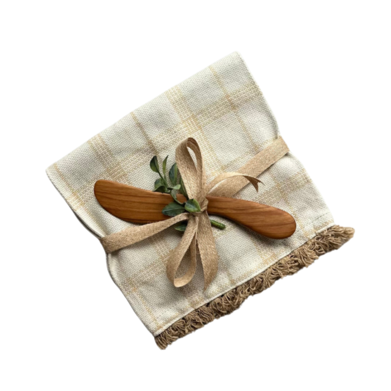 This trendy Gold Tea Towel, complete with fringe trim, and Cheese Spreader is the perfect picnic or gift set!