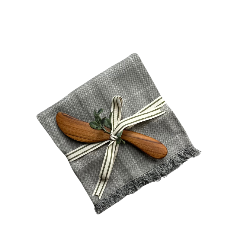 This trendy Gray Tea Towel, complete with fringe trim, and Cheese Spreader is the perfect picnic or gift set!