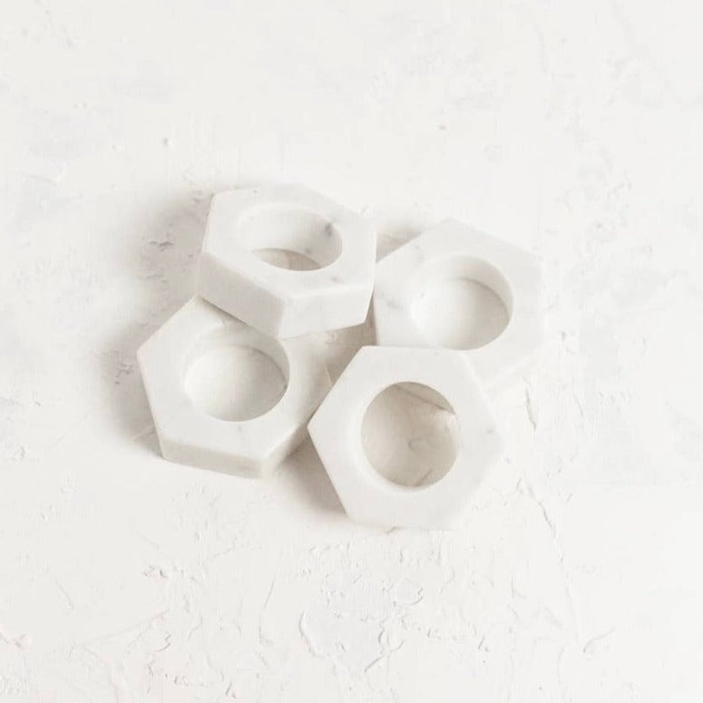 White Marble Hexa Napkin Rings - Set of 4