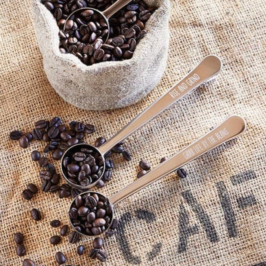Rise and Grind Coffee scoop is both a coffee scoop and clip to keep your coffee back sealed for freshness. 
