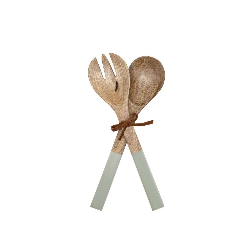 Sage Serving Utensils. Made of eco-friendly mango wood, and featuring a beautiful sage green resin detail, this serving/mixing spoon and fork pair will make a lovely addition to any kitchen